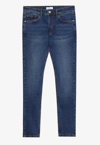 Mörkblå denimjeans med slim fit, som har fem fickor, mässingsknapp och sydda detaljer längs sömmarna.