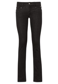 Vaqueros de mezclilla negra con un diseño de pierna recta, estilo de cinco bolsillos, cierre de botón metálico y detalles de costura sutiles. Textura suave.