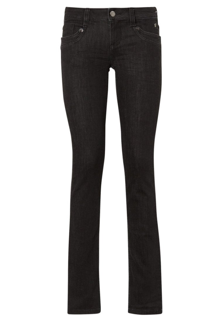 Vaqueros de mezclilla negra con un diseño de pierna recta, estilo de cinco bolsillos, cierre de botón metálico y detalles de costura sutiles. Textura suave.