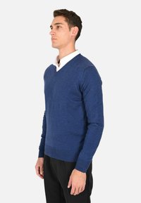 Maglioncino blu a scollo a V realizzato in tessuto morbido, con maniche lunghe; texture liscia; abbinato a una camicia bianca con colletto sotto.