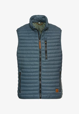 Gepolsterte blaue Weste mit hohem Kragen, Frontreißverschluss und zwei Reißverschlusstaschen. Mit horizontalen Nähten und einem beigen Markenpatch.