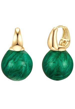 Boucles d'oreilles en résine marbrée verte avec quincaillerie dorée. Forme ronde avec une surface texturée. Fermeture à charnière avec des accents décoratifs.
