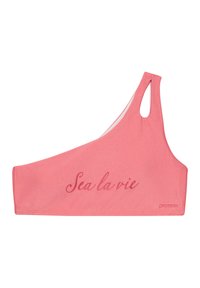 Asymmetrisches pinkes Bikini-Oberteil mit dem Text "Sea la vie" in einer kontrastierenden Schriftart, aus glattem, dehnbarem Stoff mit einem Cut-Out-Detail.