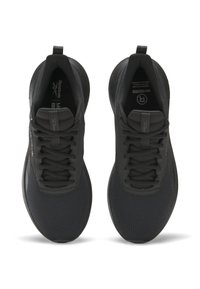 Black athletic shoes with a mesh upper, round toe, and tonal laces. Features a cushioned sole and branding on the tongue and side.