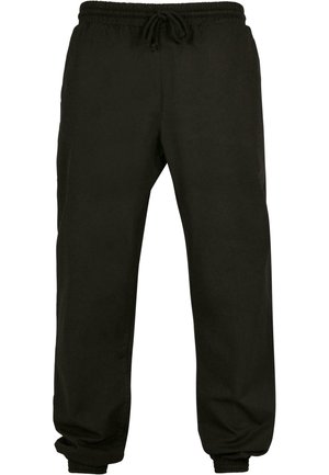 Pantalones de chándal negros con cintura elástica y cordón ajustable, que cuentan con puños elásticos en los tobillos y un ajuste relajado.