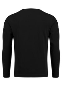 Langärmliges schwarzes T-Shirt aus weicher Baumwolle, mit rundem Ausschnitt und glatter Textur ohne sichtbare Muster oder Akzente.