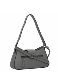 Graue Lederhandtasche mit dreieckiger Form, verstellbarem Trageriemen und Reißverschlussfach. Strukturierter Stoff und kontrastierende schwarze Akzente.