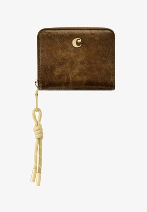 Brown textured leather wallet with gold "C" emblem and beige knotted cord attached to gold zipper pull.
