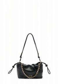 Black leather shoulder bag with a gathered design, gold-tone chain accent, and an adjustable strap. Features a logo detail on the front.