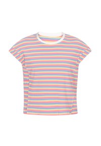 Gestreiftes T-Shirt in Pastellfarben mit kurzen Ärmeln und einem weißen Rundhalsausschnitt. Hergestellt aus leichtem, strukturiertem Stoff.