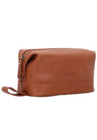 Borsa da toiletta in pelle marrone con chiusura a zip, piccola maniglia laterale e texture liscia. Mostra il nome del marchio "BURKELY" sul fronte.