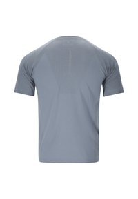 T-shirt de sport à manches courtes gris clair avec une ventilation en mesh sur le haut du dos et une fine bande réfléchissante verticale au centre.
