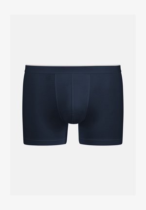Marineblaue Herrenboxershorts mit glatter Textur und eng anliegender Passform. Verfügt über eine verstärkte Vorderpartie und einen weichen Bund mit subtilem Branding.