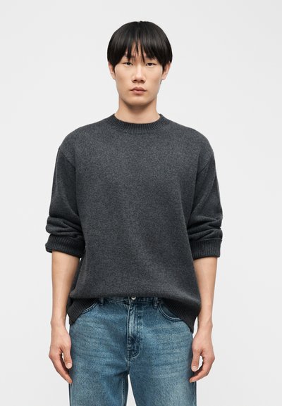 Jeune homme aux cheveux noirs portant un pull ras du cou gris foncé et un jean bleu, debout devant un fond clair uni.