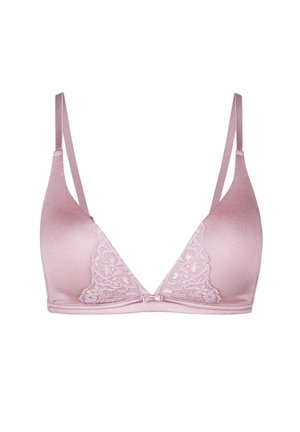 Light pink bra in a triangular shape with thin straps. Features lace detailing at the front and smooth fabric throughout. Textured accents included.