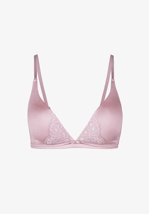 Light pink bra in a triangular shape with thin straps. Features lace detailing at the front and smooth fabric throughout. Textured accents included.