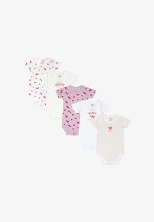 Cinq bodies pour bébé à manches courtes en blanc, rose et lavande, ornés de motifs en forme de cœur et de texte. Le matériau est en coton doux avec des fermetures à pression.