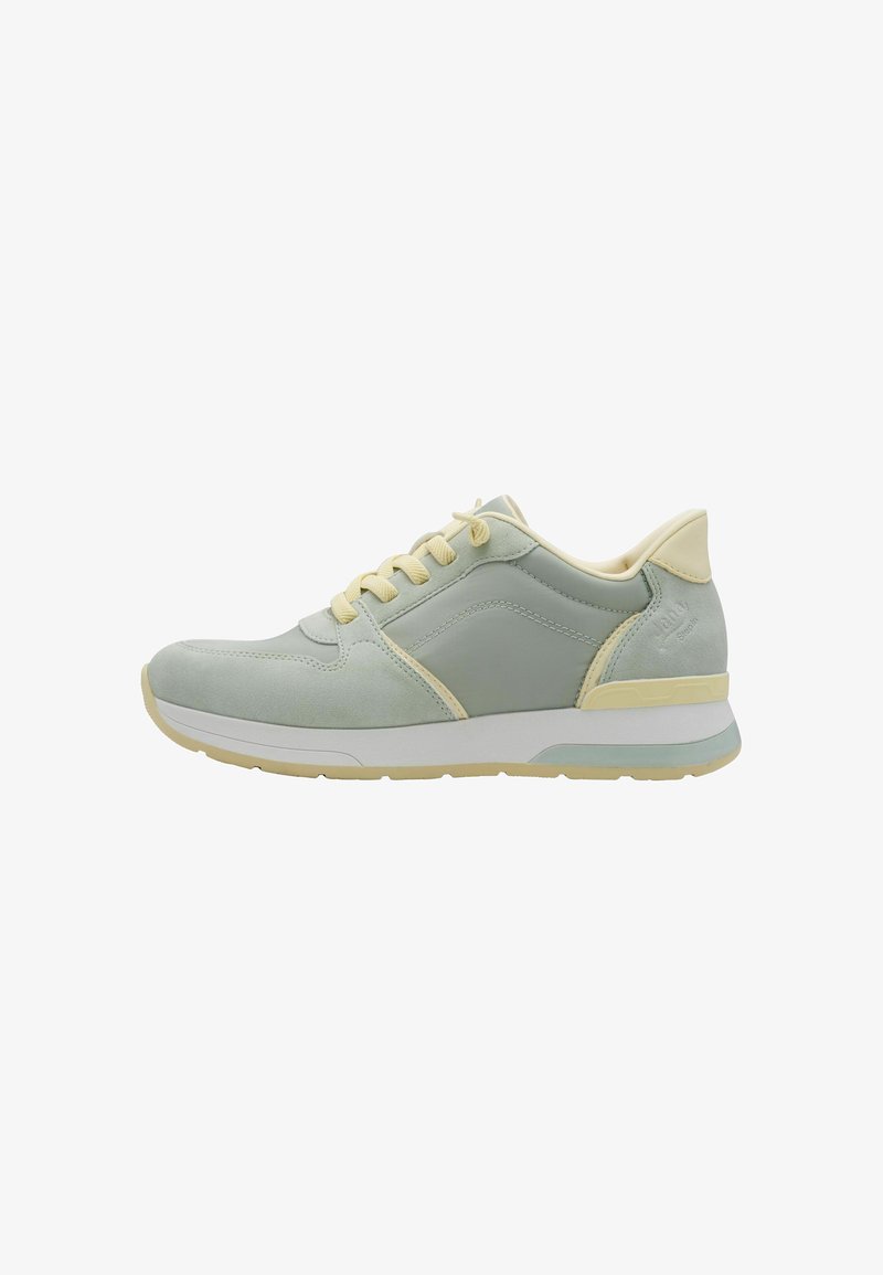 Baskets de sport gris clair et crème avec fermeture à lacets et semelle amortie, vues de côté sur fond blanc.
