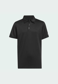 Schwarzes Polo-Shirt aus glattem, atmungsaktivem Stoff. Hat einen Kragen, eine Drei-Knopf-Leiste und kurze Ärmel. Einfaches, minimalistisches Design.