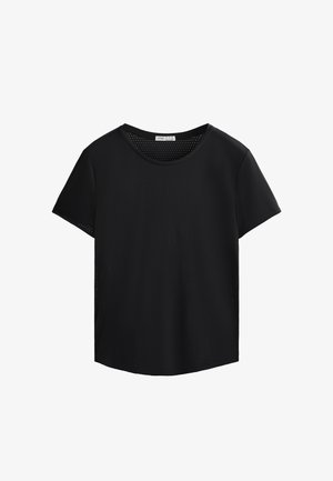 Črna kratkotrajna majica s kratkimi rokavi, okroglim izrezom in perforirano mrežasto obrobo na rami. Gladek material, sproščen kroj, ukrivljen rob.