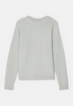 Light gray knit sweater with a ribbed crew neckline and ribbed cuffs. Classic fit and soft texture, no visible patterns or designs.