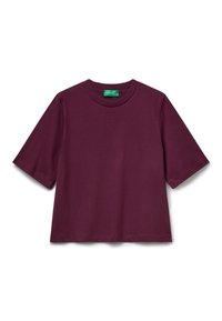 T-shirt bordeaux a maniche corte con scollatura rotonda, realizzata in tessuto morbido, caratterizzata da una vestibilità dritta e dettagli di cucitura minimi.