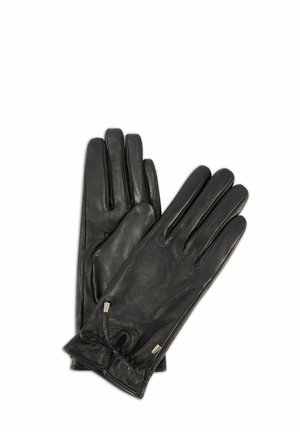 Czarne skórzane rękawice o gładkiej fakturze, z pięcioma palcami i regulowanym detalem przy nadgarstku z metalowymi akcentami.