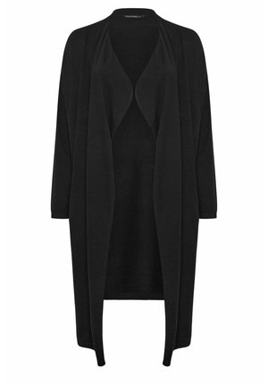 Schwarzer, offene, lange Strickjacke mit langen Ärmeln und lockerem Sitz, aus weichem Strickstoff gefertigt.