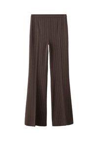 Pantaloni marroni a gamba larga con righe verticali sottili, caratterizzati da una vita alta e un design pulito e su misura. Tessuto liscio, senza tasche.