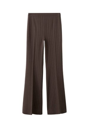 Bruine broek met wijde pijpen en verticale krijtstrepen, voorzien van een hoge tailleband en een strak, getailleerd ontwerp. Glad oppervlak, zonder zakken.