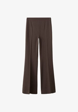 Pantalones marrones de pierna ancha con finas rayas verticales, con una cintura alta y un diseño limpio y a medida. Textura suave, sin bolsillos.