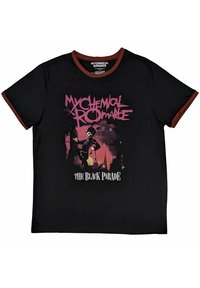 Black short-sleeve t-shirt with maroon trim featuring a pink graphic print of a character and "My Chemical Romance: The Black Parade" text.
