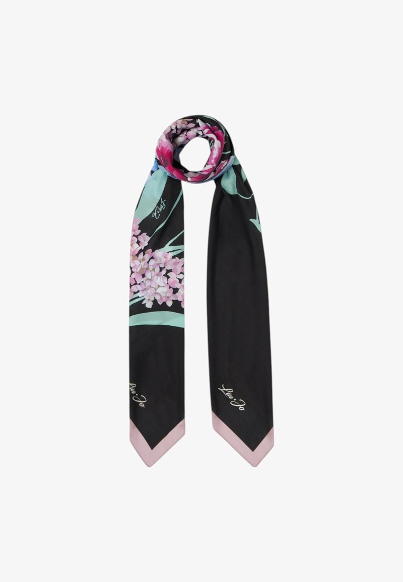 Foulard di seta con uno sfondo nero decorato da motivi floreali in rosa e verde, rifinito con un bordo rosa chiaro e punte all'estremità.