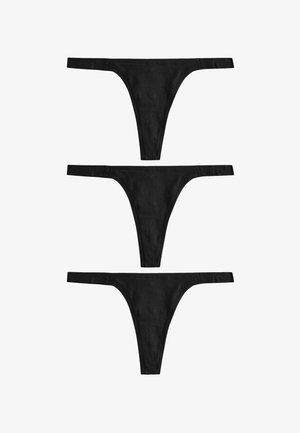 Sorte trusser i thong-stil, tre par stablet. Fremstillet af blødt stof med minimal dækning. Har tynde sidebånd og en komfortabel talje.