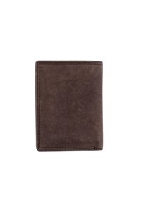 Cartera de cuero marrón con acabado texturizado, forma rectangular, costuras limpias y un diseño sencillo y sin adornos.