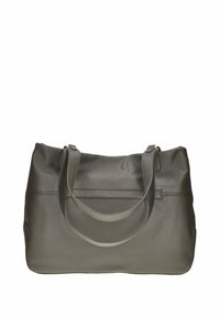 Borsa a tote in pelle verde oliva con due manici robusti, texture morbida e design semplice. Presenta una cucitura decorativa lungo la parte anteriore.