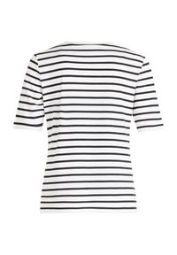 Striped t-shirt with a crew neckline, featuring navy stripes on a white background, made of soft fabric, short sleeves, and a relaxed fit.
