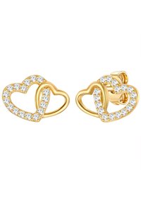 Gold-tone heart-shaped earrings featuring two interlocking hearts, adorned with clear rhinestones along the edges for added sparkle.