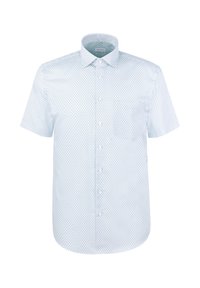 Chemise pour homme à manches courtes avec boutons, présentant un motif géométrique bleu clair et un col pointu sur fond blanc.