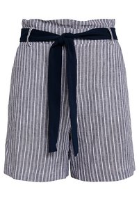 Pruhované šortky v námořnické modři a bílé, s páskem na zavazování, předními kapsami a volnějším střihem. Vyrobeno z lehkého materiálu s texturovaným povrchem.