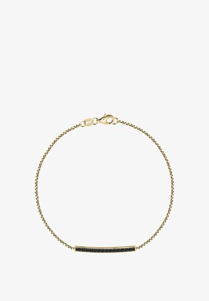 Zarte Goldkette Armband mit einem horizontalen Balken, der mit kleinen schwarzen Edelsteinen besetzt ist, und einem Karabinerverschluss.