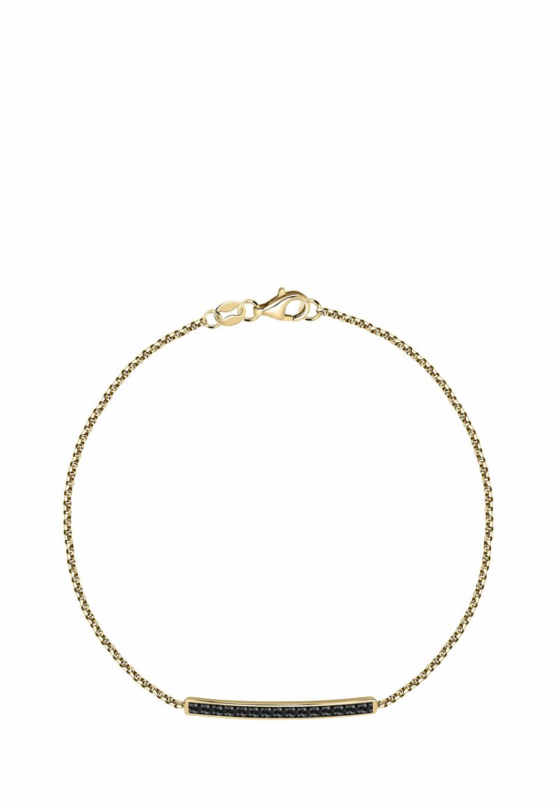 Zarte Goldkette Armband mit einem horizontalen Balken, der mit kleinen schwarzen Edelsteinen besetzt ist, und einem Karabinerverschluss.