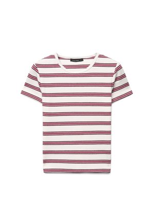 T-shirt blanc à manches courtes avec des rayures horizontales bordeaux et un col rond.