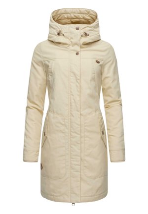 Light beige windbreaker jacket with a hood, featuring snap buttons, two front pockets, and a slightly cinched waist for shape.