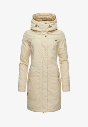 Veste coupe-vent beige clair avec capuche, dotée de boutons-pression, de deux poches avant et d'une taille légèrement cintrée pour une silhouette élégante.
