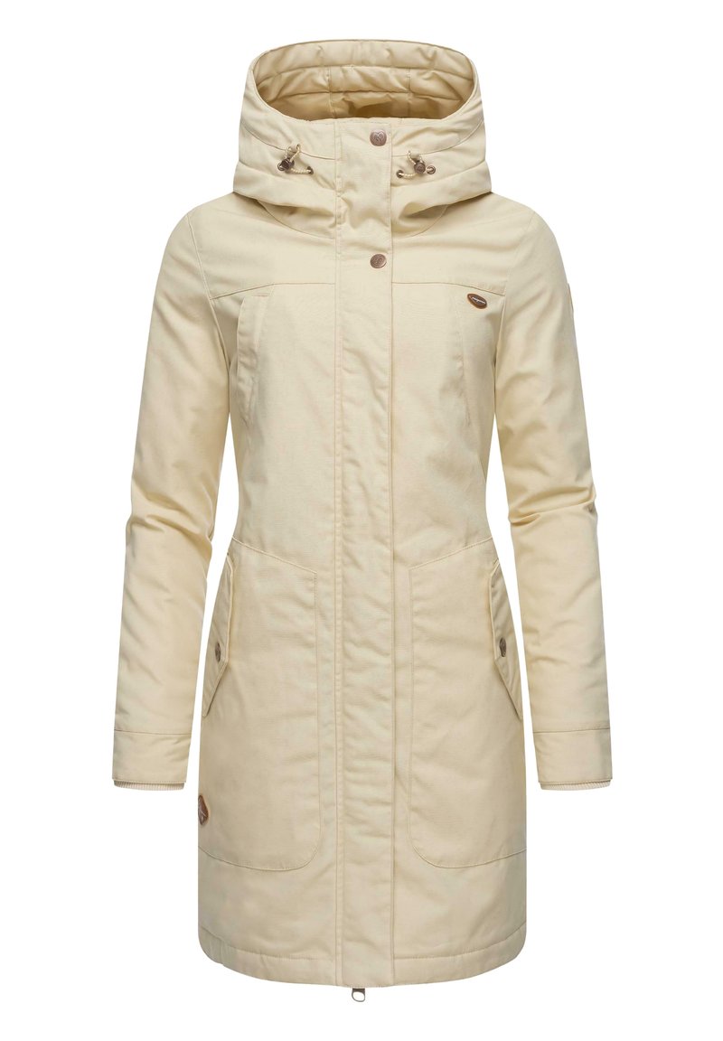 Lichtbeige windbreaker jas met een capuchon, voorzien van drukknoopsluitingen, twee voorzakken en een iets gecinchte taille voor een betere pasvorm.