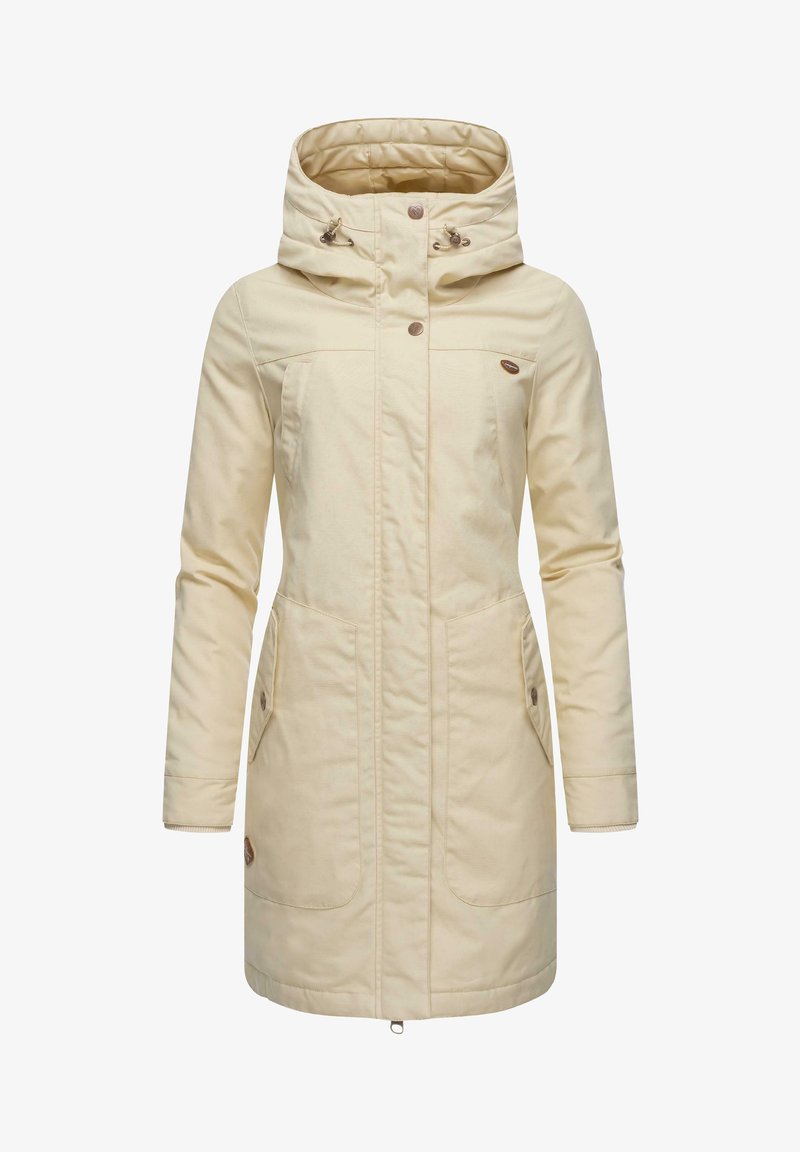 Lichtbeige windbreaker jas met een capuchon, voorzien van drukknoopsluitingen, twee voorzakken en een iets gecinchte taille voor een betere pasvorm.