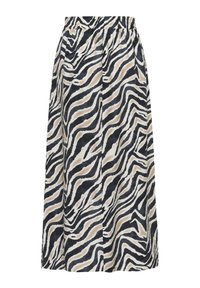 Lang nederdel med elastisk talje, prydet med bølgende sort, hvid og beige zebra-tryk mønster på et blødt stof.