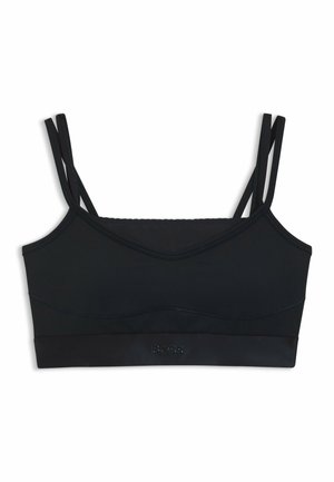 Reggiseno sportivo nero in tessuto liscio. Presenta spalline sottili e regolabili e una fascia elastica con marchio sul fondo per un supporto ottimale.