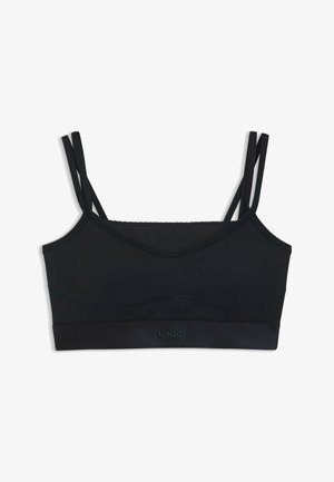 Reggiseno sportivo nero in tessuto liscio. Presenta spalline sottili e regolabili e una fascia elastica con marchio sul fondo per un supporto ottimale.